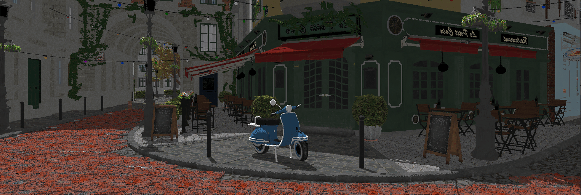 Voxelization of the Lumberyard Bistro scene with a 3D brick texture painted on the ground