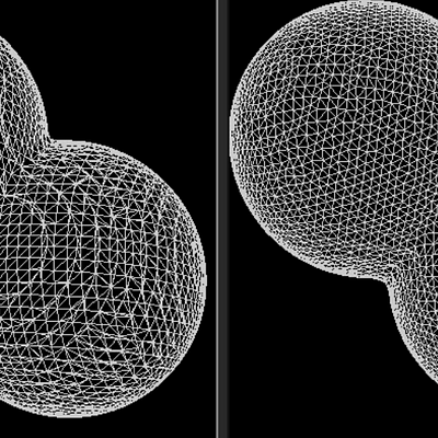 Two spheres partly overlapping. Meshes generated by Marching Cubes (left) and SNERT (right). Both meshes have the same number of triangles.