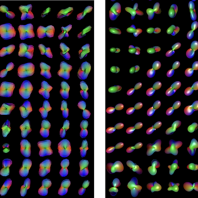  ODF representations of the DW-MRI data with 106 gradient directions and b=2000 s/mm2 of a human subject in a ROI defined on a coronal slice in the centrum semiovale. The glyphs are shown for 4 th order spherical harmonics, which are min-max normalized 