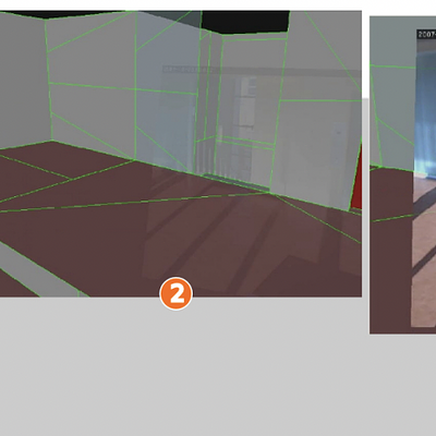 View transition sequence of tracking a person between camera A and adjacent camera B in an office hallway surveillance scenario (see video). The guided 3D navigation enables simple first-person video observation while ensuring a good visual flow for spatial context. Our method dynamically embeds and blends video canvases in a 3D VE which consists of characteristic model landmarks and perspective lines.