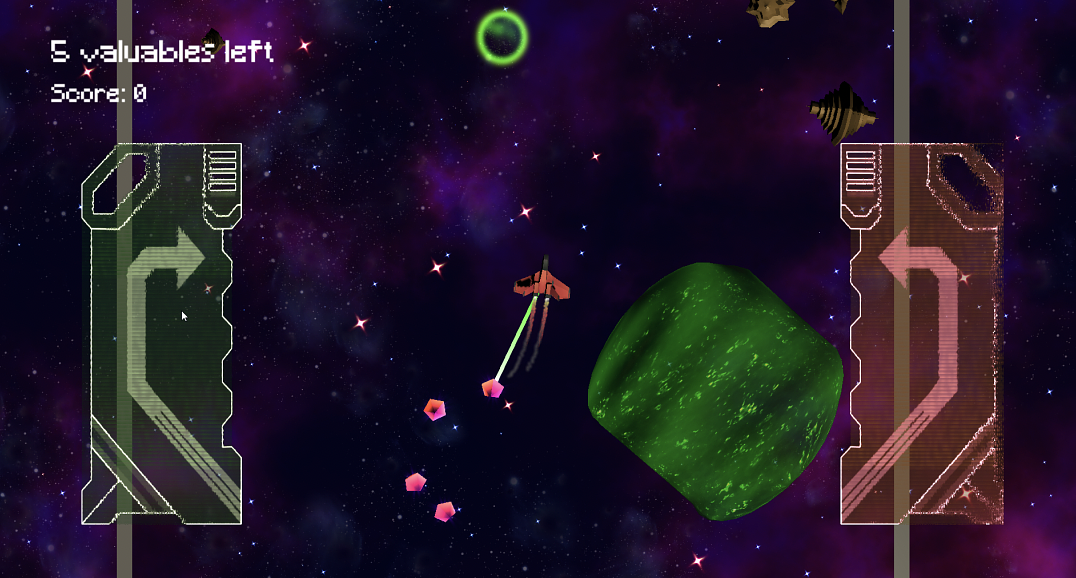 The valuables (magenta) have to be dragged to the dropzone (green circle). If the junk (brown) ends up in the dropzone the score decreases. The space snot (large green blob) is an obstacle in which ships and valuables can get stuck.