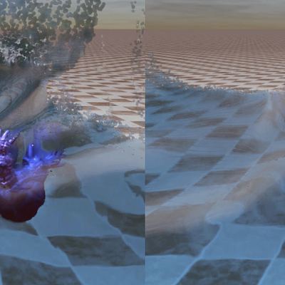 Two armadillos (274k tetrahedra) in a pool of water (633k particles) simulated at 60 FPS with a time step of 1/60s. Fluid-deformable interaction and (self-)collisions are handled. The user can interact with the scene through click-and-dragging the meshes.