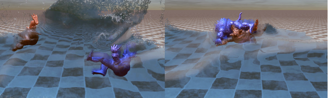 Two armadillos (274k tetrahedra) in a pool of water (633k particles) simulated at 60 FPS with a time step of 1/60s. Fluid-deformable interaction and (self-)collisions are handled. The user can interact with the scene through click-and-dragging the meshes.