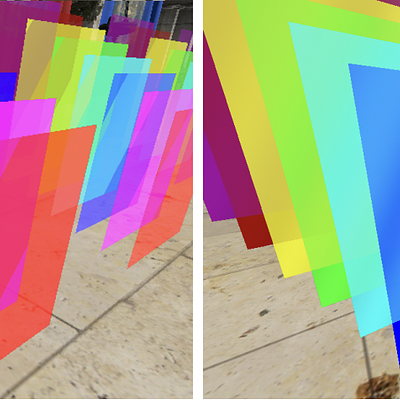 Left: Visible layer transitions where bin boundaries cut through primitives. Right: Smooth layer transitions improve the results but artifacts are still visible.