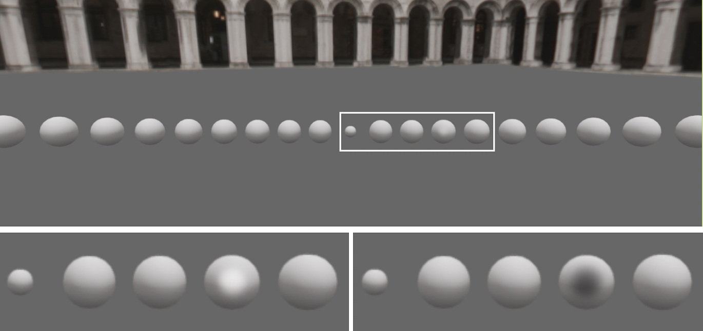 : (Top) Virtual environment set-up for static scenario as seen by participants. (Bottom) Insets of exemplary stimulus on the 3rd right sphere, shown for white (left) and black (right) interpolation (effect exaggerated for depiction).