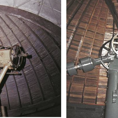 Telescópio equatorial com 32cm de diâmetro de objetiva, feito por Thomas Cooke & Sons, (a) antes e (b) após a restauração (acervo MAST).