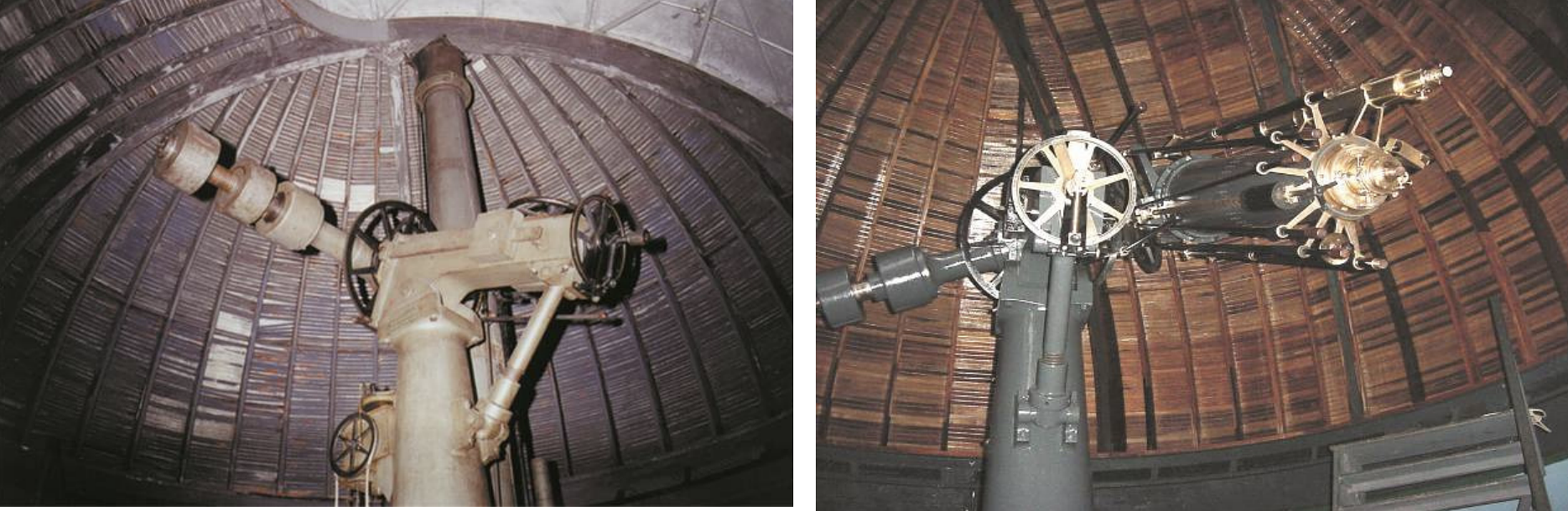 Telescópio equatorial com 32cm de diâmetro de objetiva, feito por Thomas Cooke & Sons, (a) antes e (b) após a restauração (acervo MAST).