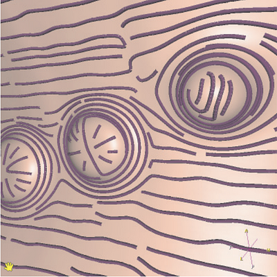 Streamlines of curvature on the implicit iso-surface embedded in an artificial 3D volume