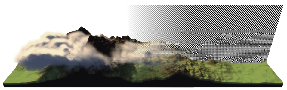 Clouds simulation using DCGrid. The checkerboard pattern shows the automatically adapting grid resolution.