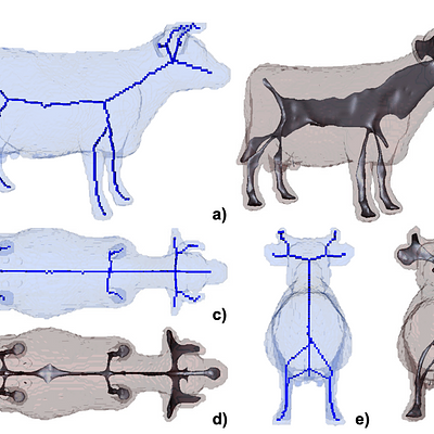 3D skeletons (b,d,f ) and centerlines (a,c,e) of the same object, different views