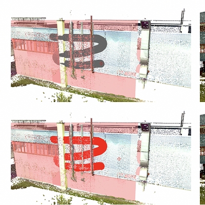  Our novel interactive approach for shape detection in point clouds allows for sophisticated interactions: Left: A Lasso selection selects only points that lie on the support shape as shown in the top image. Points in front and back of the support shape are not selected (bottom). Middle: A volumetric brush selection is performed on the selected support shape (top). Points are only selected if they belong to the support shape and intersect the brush (bottom). Right: Interactive LoD increment interaction along the selected support shape (drawn in red). The top image shows the original rendering model of the point cloud; the bottom image shows the point cloud with the additional points.