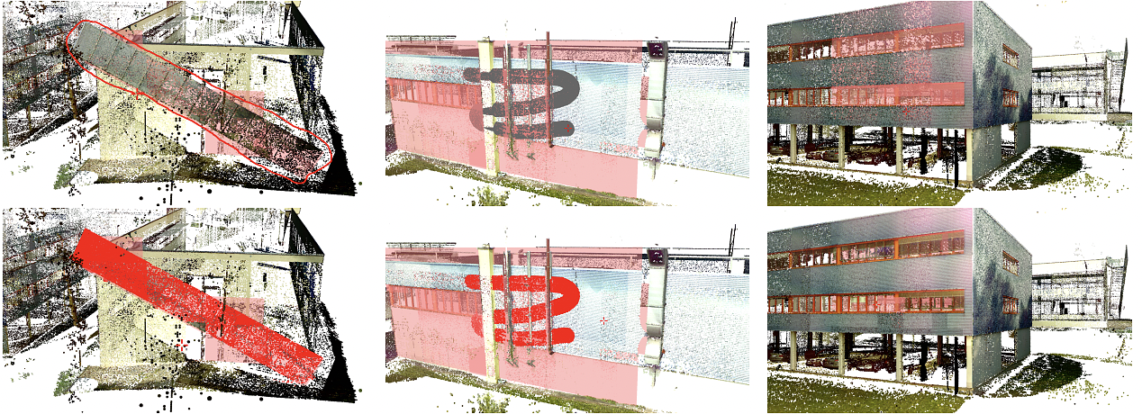  Our novel interactive approach for shape detection in point clouds allows for sophisticated interactions: Left: A Lasso selection selects only points that lie on the support shape as shown in the top image. Points in front and back of the support shape are not selected (bottom). Middle: A volumetric brush selection is performed on the selected support shape (top). Points are only selected if they belong to the support shape and intersect the brush (bottom). Right: Interactive LoD increment interaction along the selected support shape (drawn in red). The top image shows the original rendering model of the point cloud; the bottom image shows the point cloud with the additional points.