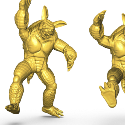 Snapshots from an interactive shape interpolation session with five example poses of an armadillo shell model with 332k triangles. After a preprocess, our framework for nonlinear shape interpolation computes weighted average poses in real-time